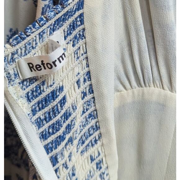 Reformation Juliette Toile Blue White Long Sleeve Slit Midi Dress Size 2 - Picture 6 of 6